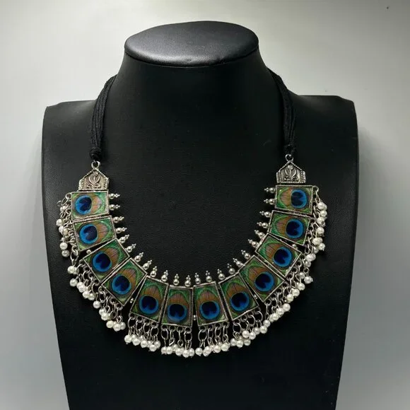 3/$30 Peacock Statement Necklace Silver Adjustable Fabric Cord Beaded Jewelry - Picture 2 of 11